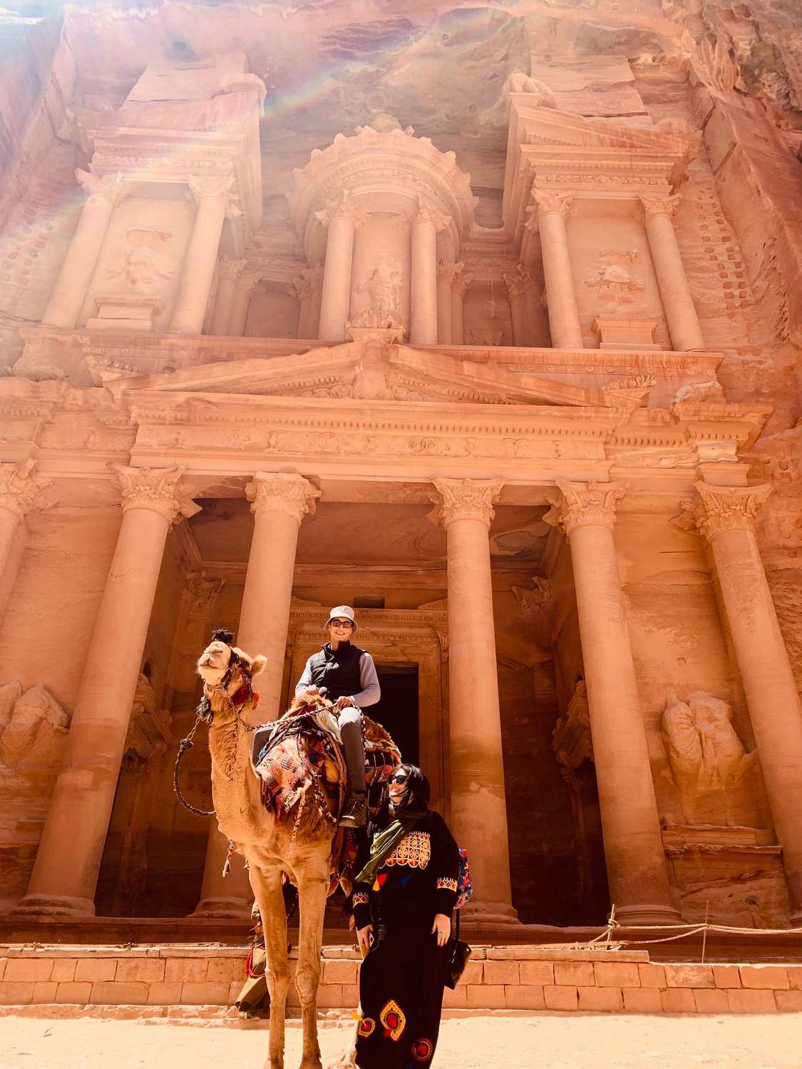 My husband, a camel and me in front of the treasury in Petra, where “Indiana Jones and the Last Crusade” was filmed.